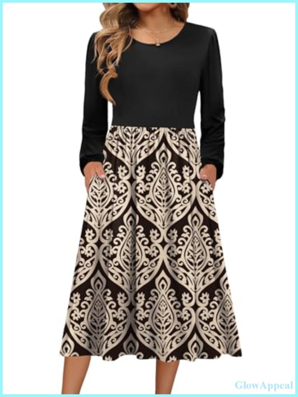 Long Sleeve Midi Dress A-Line Flowy Boho Casual Party Dress with Pockets